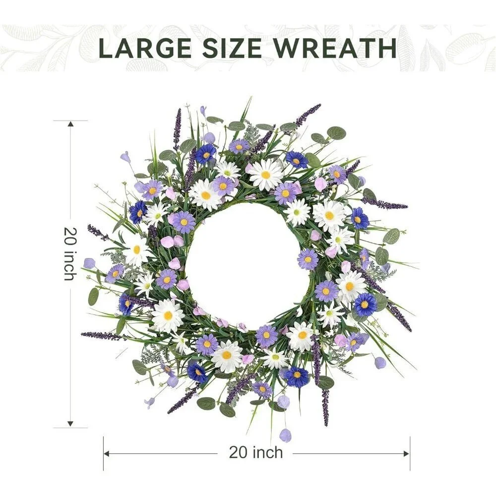 20 '' Spring Wreaths for Front Door Lavender Flowers Artifical Daisy Purple